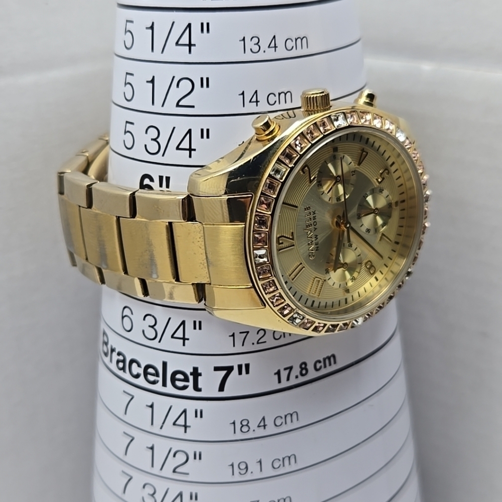 Caravelle New York Gold Tone Chronograph Women’s Quartz Watch Crystal Bezel - Picture 6 of 10